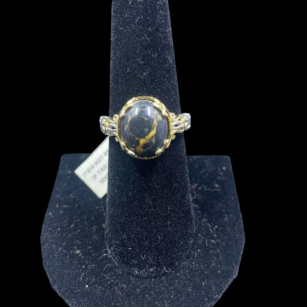 STS Karis Silver Tone Gold Accents Black Gold Veined Stone‎ Cocktail Ring NWT - Picture 3 of 8